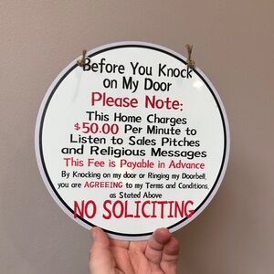 No Soliciting Round Wall Sign - White and Red